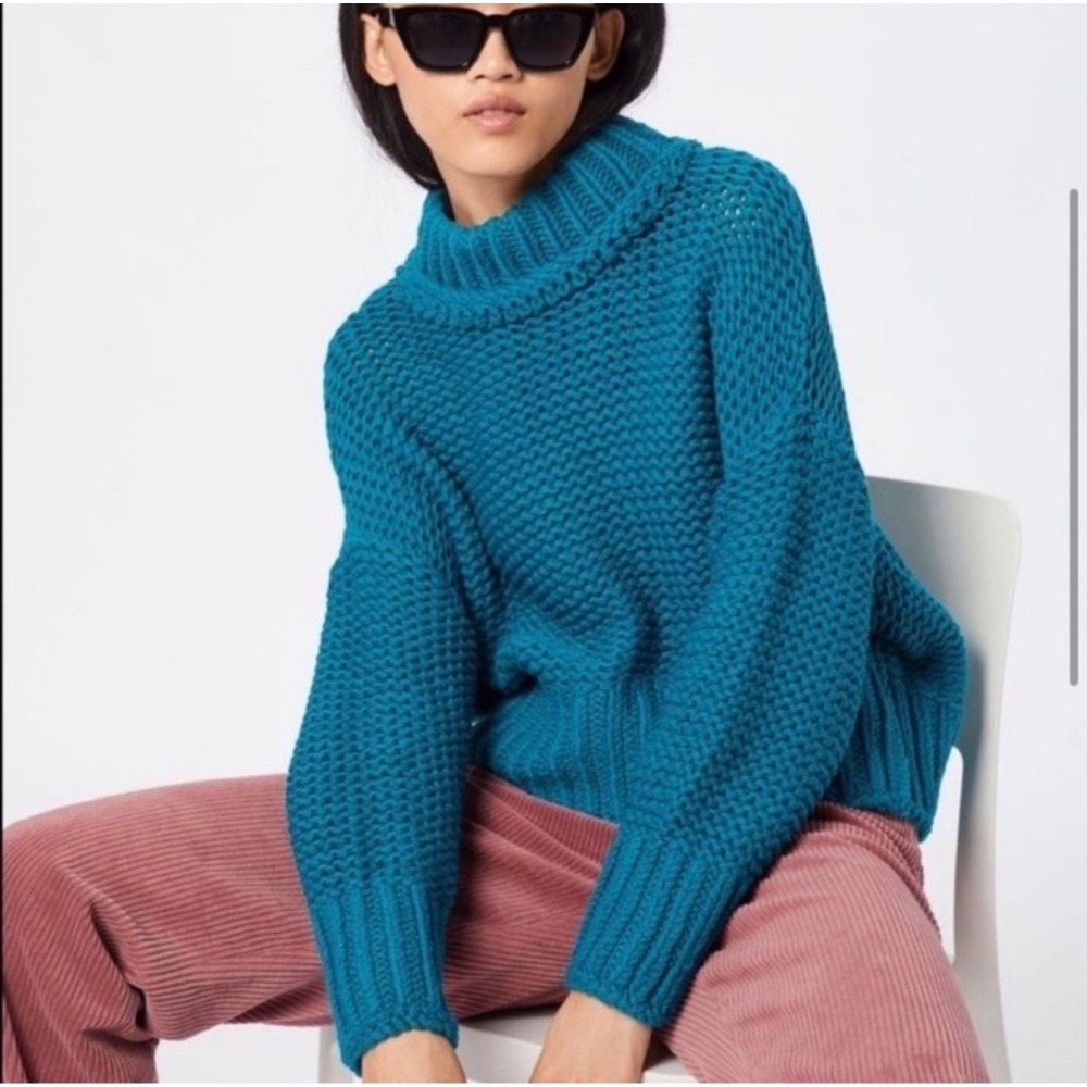 Free People My Only Sunshine Oversized Chunky Knit Sweater Teal Blue Medium - Picture 2 of 8